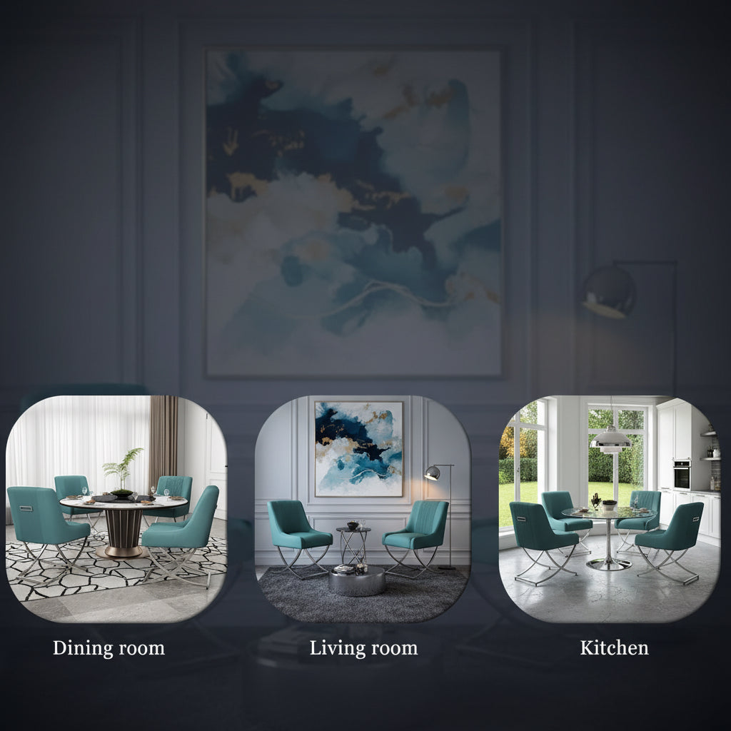 Teal chairs around a round table in various room settings with text on home decor.
