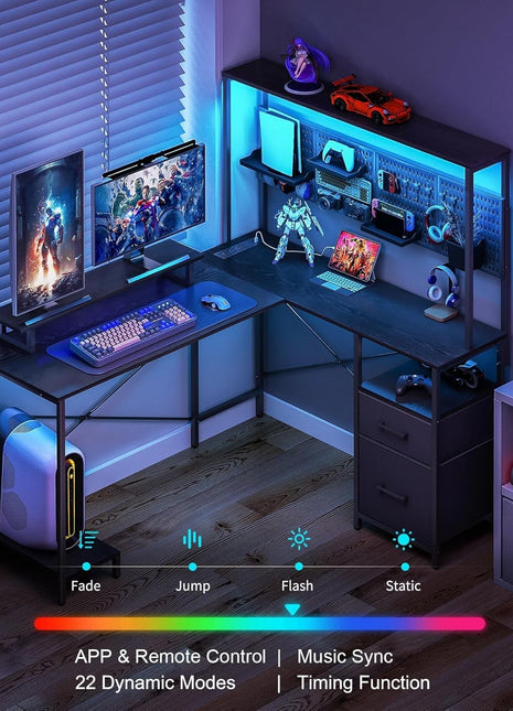 L Shaped Desk with Pegboard, Reversible Computer Desk with Drawers & Storage Shelves, Gaming Desk with LED Lights & Power Outlets, Office Desk with Monitor Stand Corner Desk Home Office Desks-2