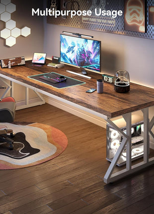 78.7 Inch Large Executive Desk, Modern Computer Office Desk, Wooden Writing Desk Study Table for Home Office, Rustic Brown-White-1