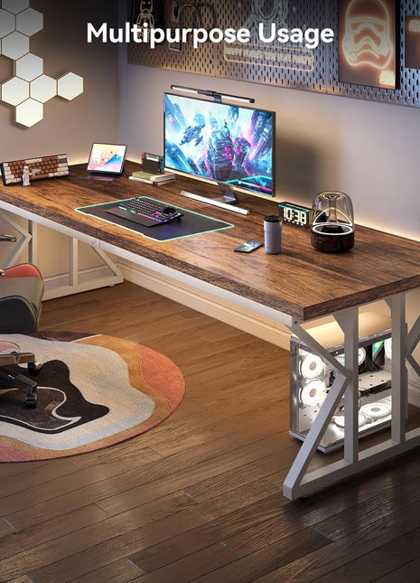 78.7 Inch Large Executive Desk, Modern Computer Office Desk, Wooden Writing Desk Study Table for Home Office, Rustic Brown-White-1