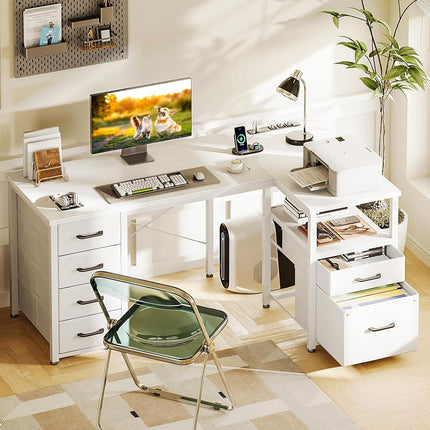 L Shaped Computer Desk with 6 Drawers & Power Outlet, 55 Inch Corner Desk with Reversible Storage Shelf & File Drawer, Home Office Desk, White-1