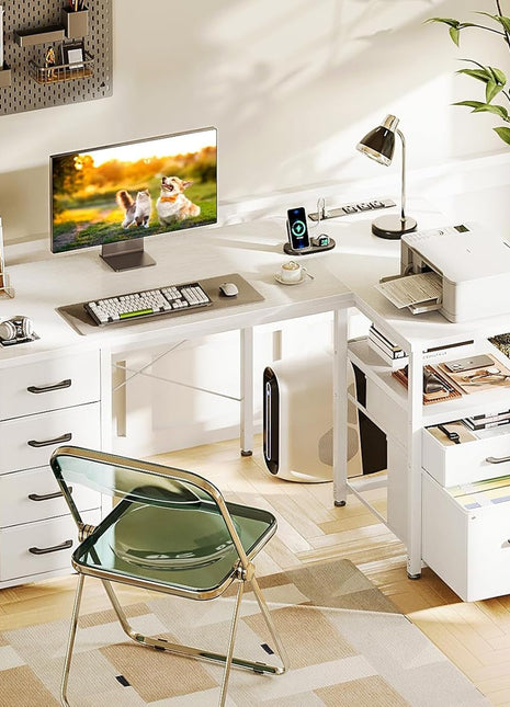 L Shaped Computer Desk with 6 Drawers & Power Outlet, 55 Inch Corner Desk with Reversible Storage Shelf & File Drawer, Home Office Desk, White-1