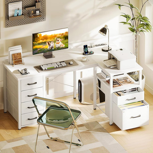 L Shaped Computer Desk with 6 Drawers & Power Outlet, 55 Inch Corner Desk with Reversible Storage Shelf & File Drawer, Home Office Desk, White-1