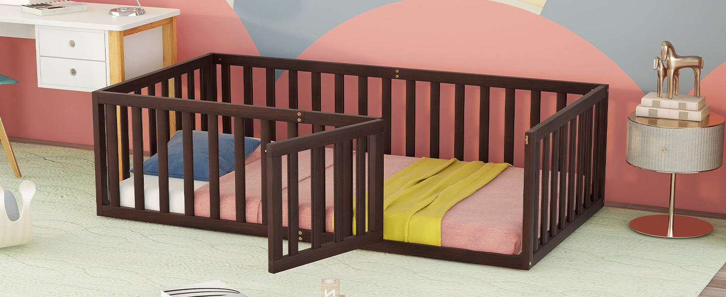 Twin Size Wood Floor Bed Frame with Fence and Door
