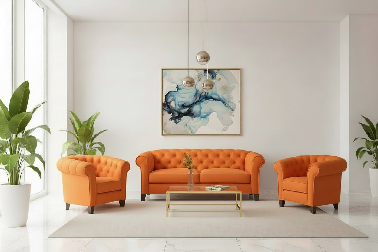 Three Piece Orange Sectional Sofa Set Tufted Living Room-0
