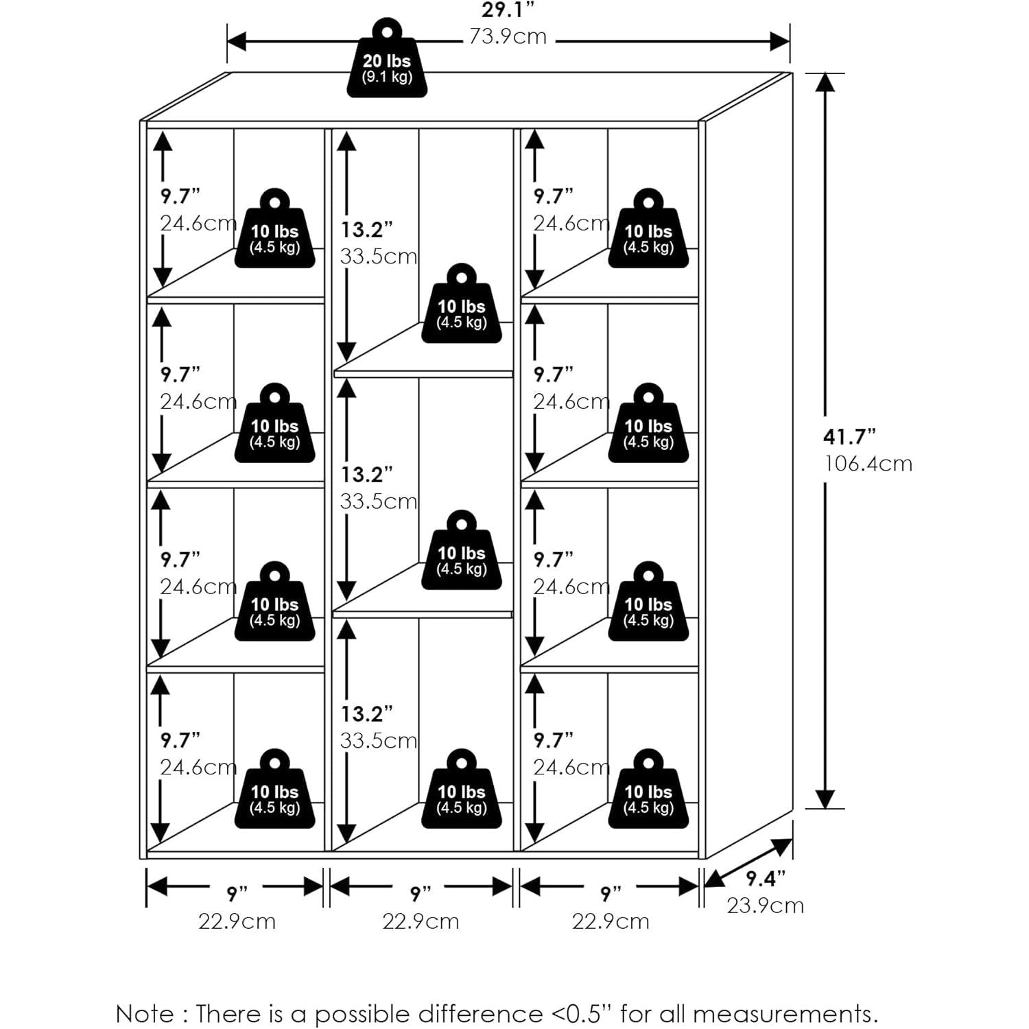 Measurement chart of a storage unit with dimensions and weight labels.