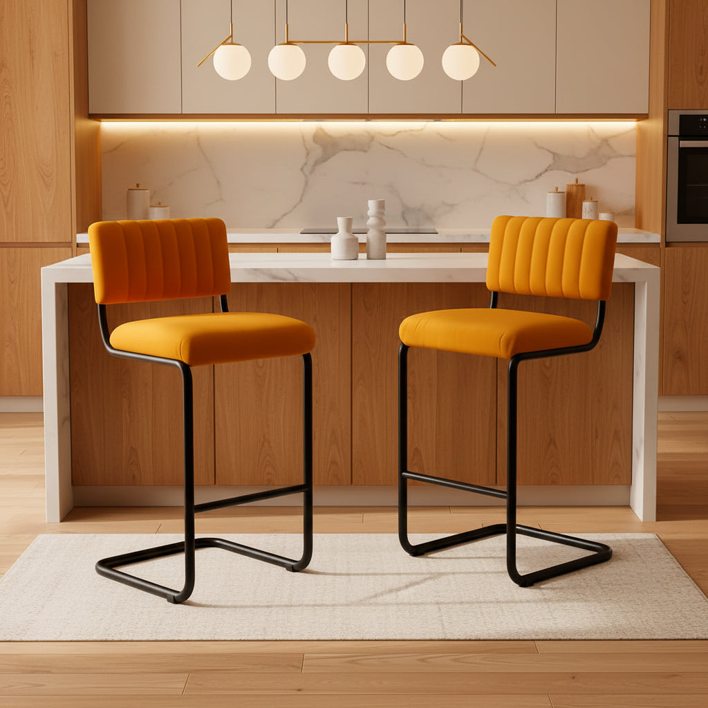 Two mustard yellow bar stools with black metal legs in a room with a beige wall and white floor.