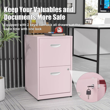 2 Drawer File Cabinet with Lock, Metal Vertical File Cabinets, 18"D Pink Storage Filing Cabinet for Home Office, Steel Light Duty Locked 2 Drawer File Cabinets for Letter Size Files, Assembly Required