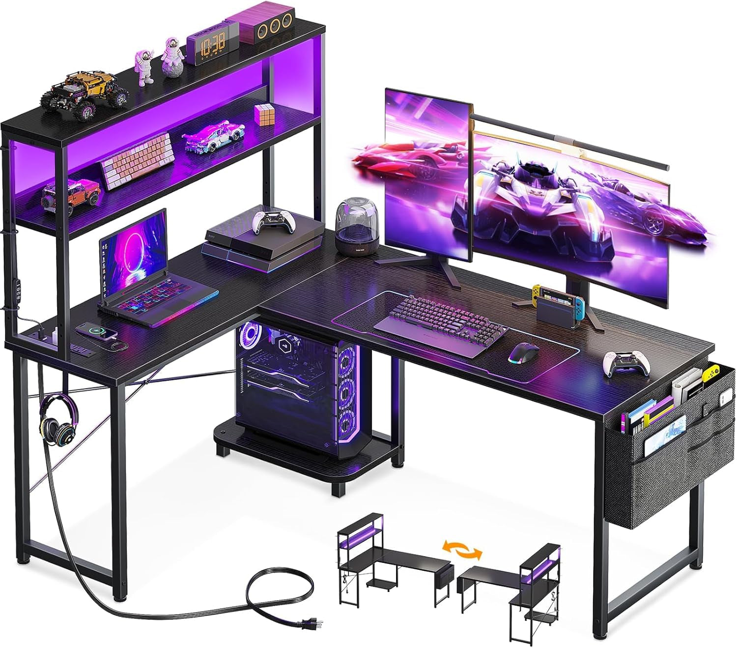 L Shaped Desk Gaming Desk with LED Light & Power Outlet-0