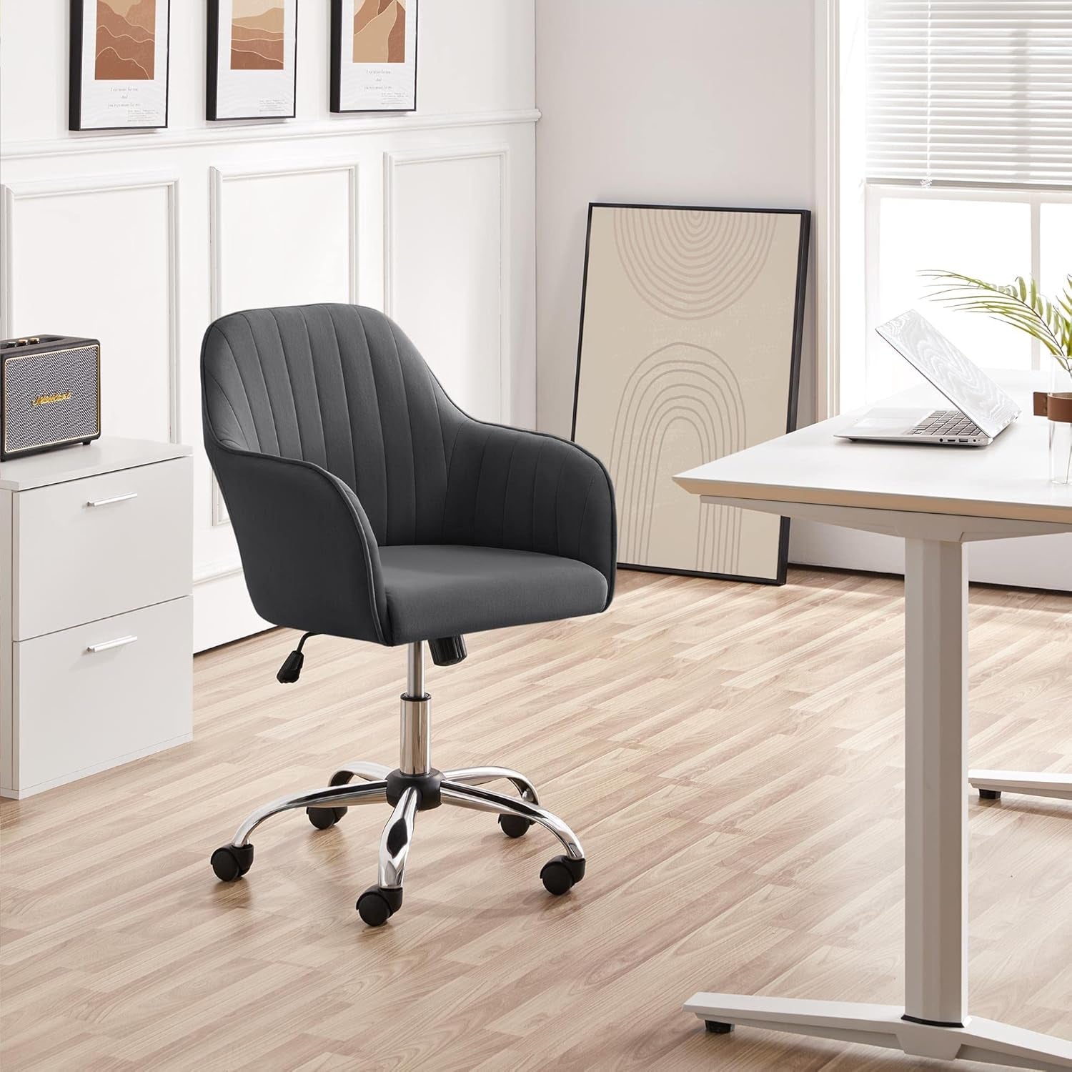 Modern Velvet Desk Chair Soft Height-Adjustable Swivel Computer Chair for Makeup Room Living Room Bedroom Soft Upholstered Office Chair Gray-1
