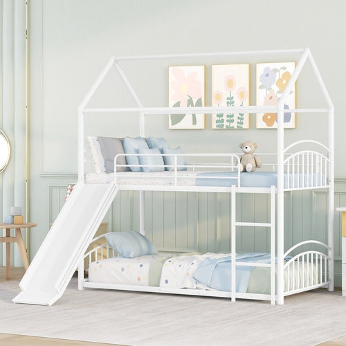 Twin Over Twin Metal Bunk Bed With Slide, Kids House Bed