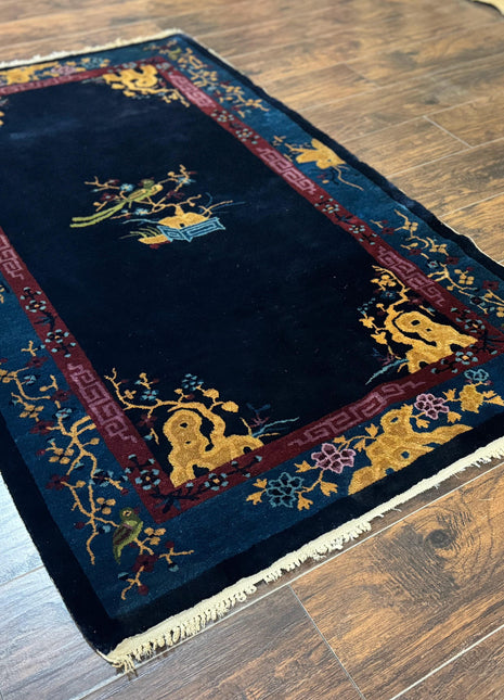 Antique Chinese Peking Rug 3x6, Dark Blue, Bird Motif, Handmade Wool Art Deco Asian Oriental Carpet, Pair B-1