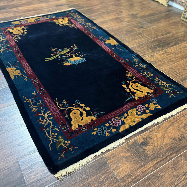Antique Chinese Peking Rug 3x6, Dark Blue, Bird Motif, Handmade Wool Art Deco Asian Oriental Carpet, Pair B-1