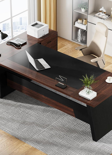 78" L-Shaped Executive Desk, Large Office Desk with Drawers and Lateral File Cabinet, Business Furniture with Storage Shelves, Modern Computer Desk for Home Office, Walnut & Black-2