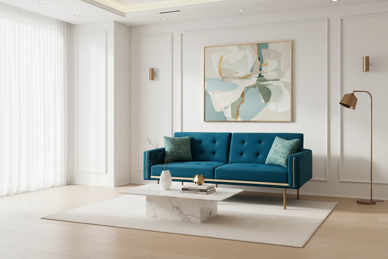 Blue sofa with gold accents in a modern living room setting