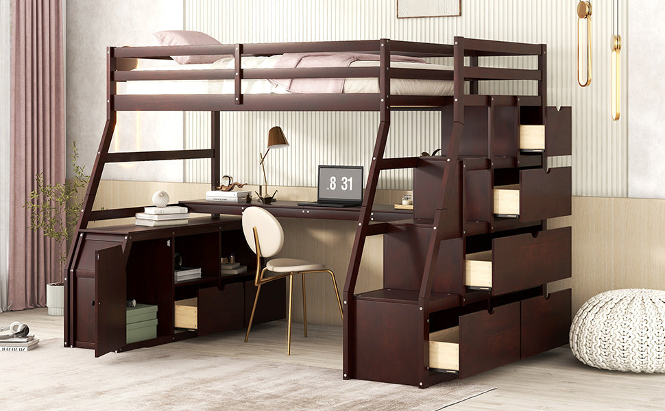 Twin Size Loft Bed with 7 Drawers 2 Shelves and Desk