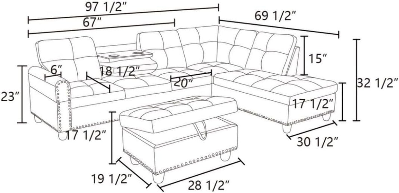 Measurement chart of a sectional sofa with dimensions labeled