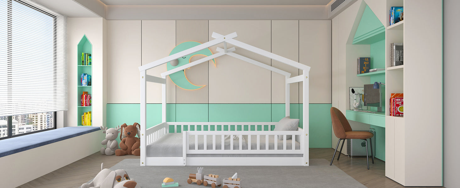 Wood Bed House Bed Frame with Fence, for Kids, Teens, Girls, Boys