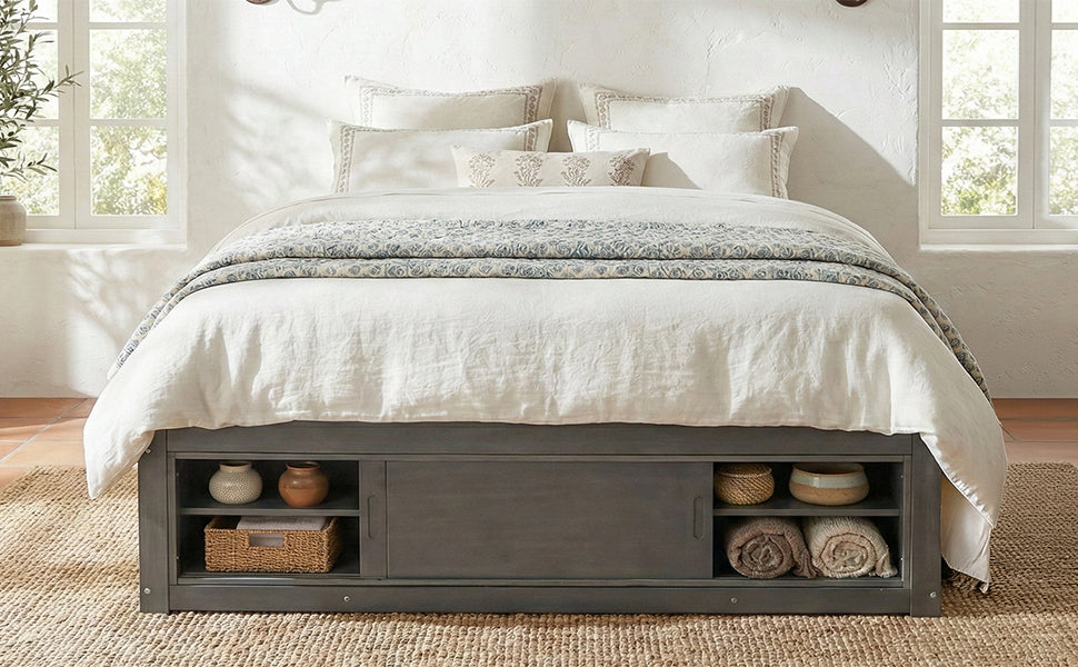 Platform Bed Frame with 4 Storage Drawers and Footboard Storage Cubby,