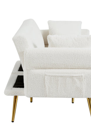 Modern Teddy Upholstered Accent Loveseat Sofa With Side Pocket,Folding Sleeper Sofa Bed With Foldable Armrest , Adjustable Backrest and Golden Metal Legs for Living Room,White-2