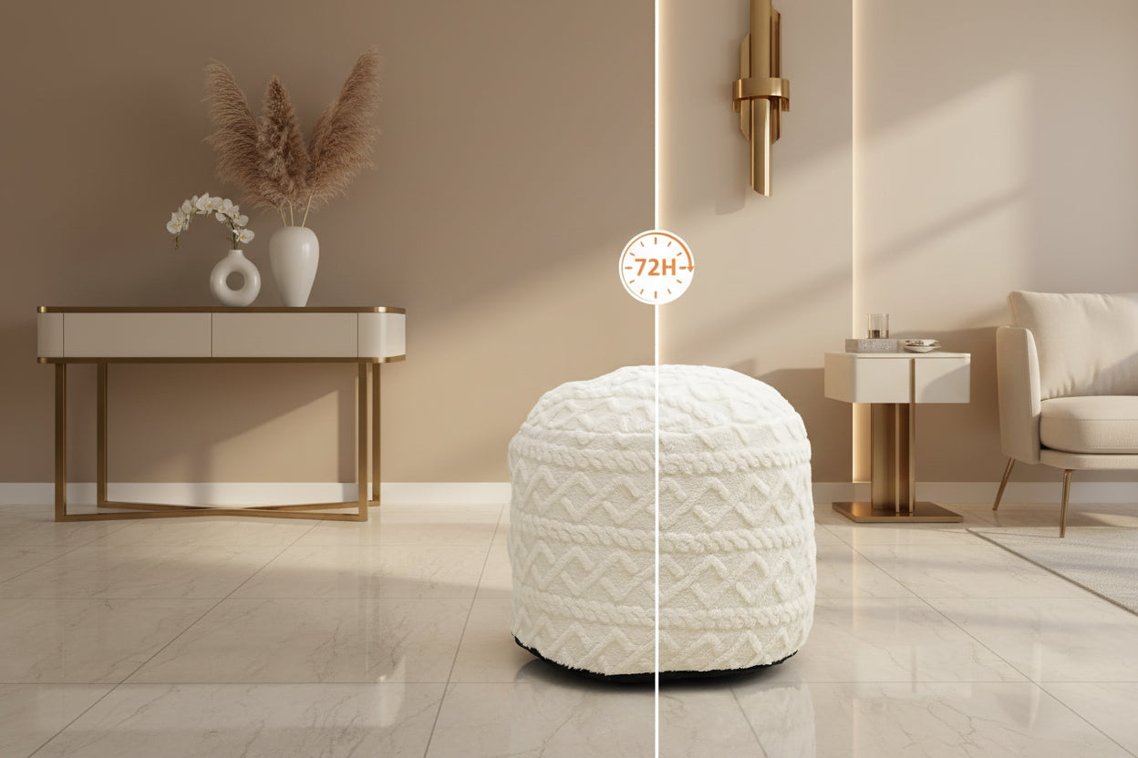 White textured stool in a room with a plant and table
