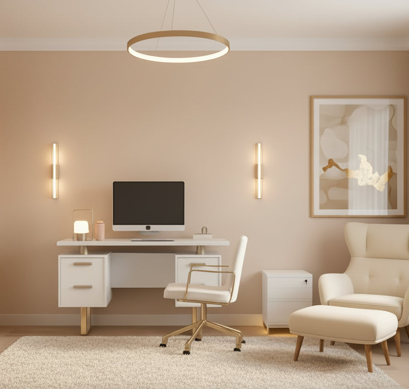 Modern home office with a white desk, computer monitor, and chair against an orange wall.