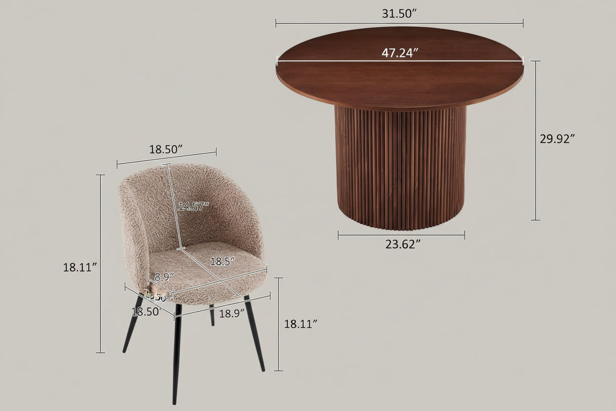 Wooden table and chair with dimensions and weight capacity information on a white background