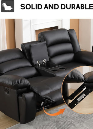 Faux Leather Manual Recliner Sofa Set, Loveseat Reclining Sofa and 3 Seat Recliner Sofa, Couch Set for Living Room, Bedroom, Meeting Room, Black(Loveseat+Sofa)-3