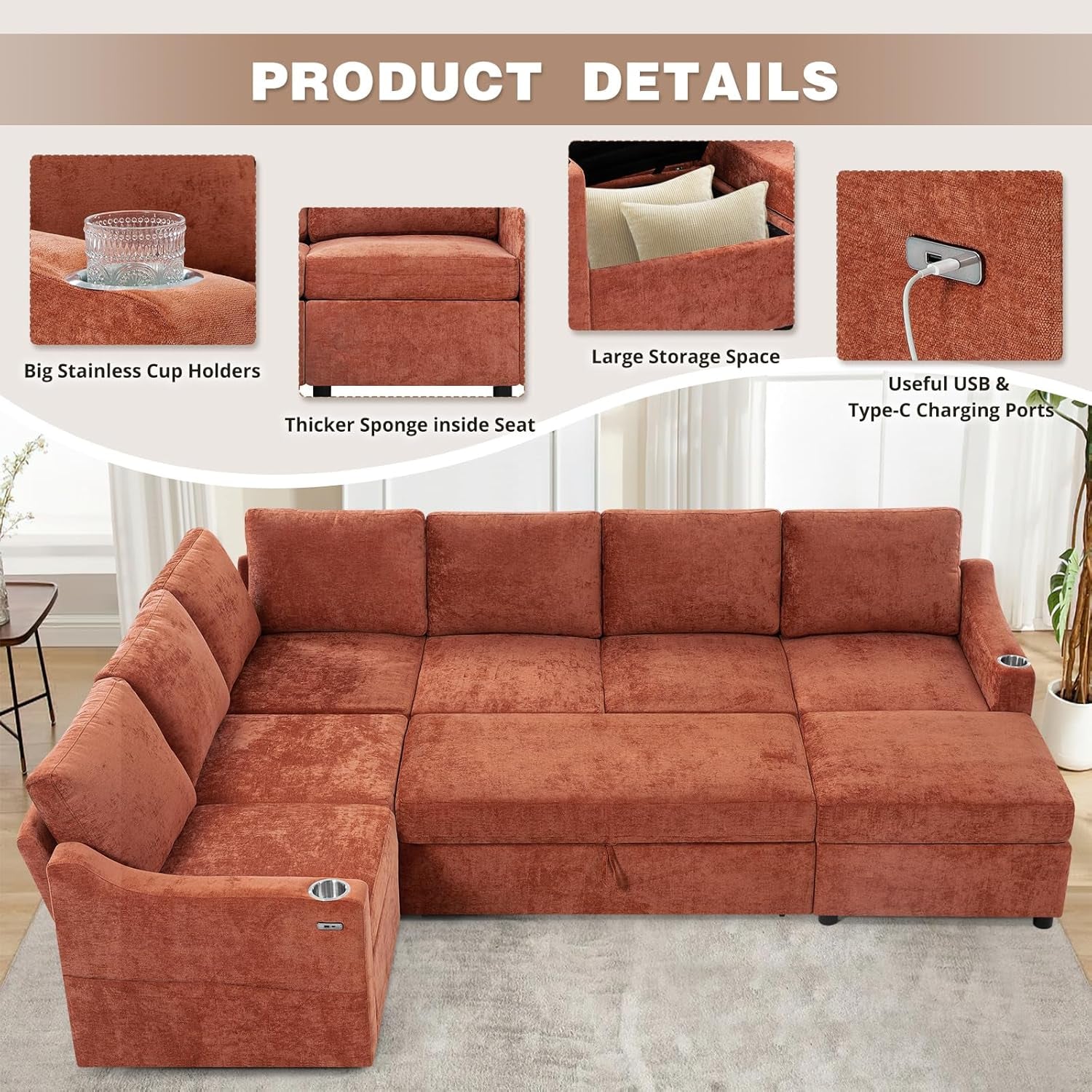 Brown sectional sofa with product details on a beige background