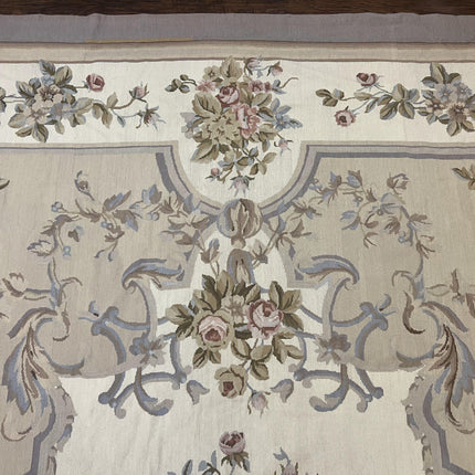 Aubusson Needlepoint Rug 9x12, VIntage Handmade Wool Beige Floral European Elegant Rug 9 x 12, Floral Roses-2