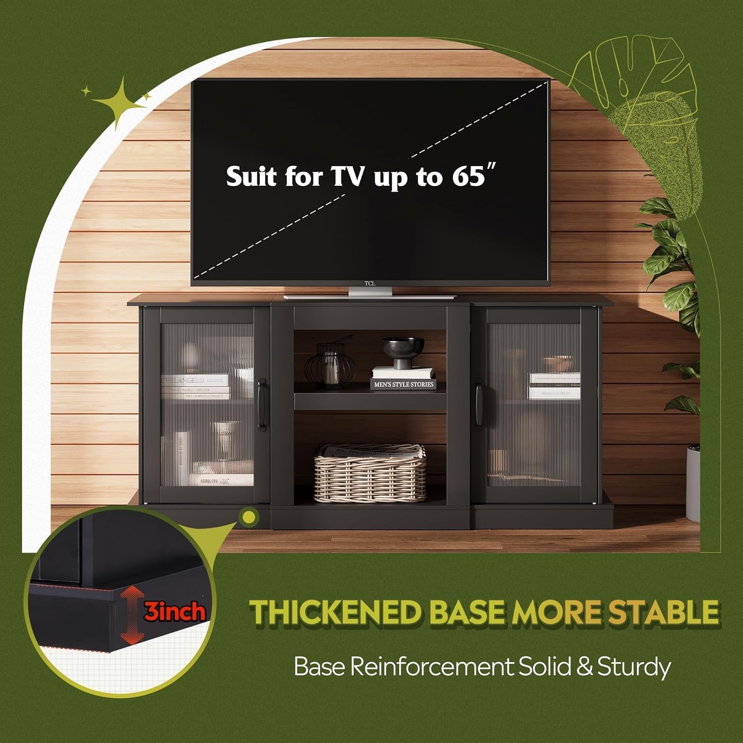 Retro TV Stand For 65 Inch TV With Storage And Open Shelves Black