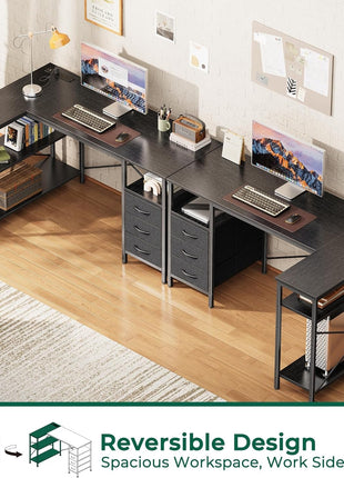 L Shaped Desk with Power Outlets, Computer Desk with 3 Drawers, 47 Inch Office Desk with Shelves, Gaming Desk, Corner Desk Work Desk for Home Office, Study, Black-3