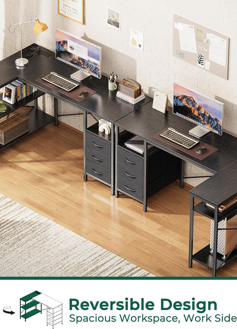 L Shaped Desk with Power Outlets, Computer Desk with 3 Drawers, 47 Inch Office Desk with Shelves, Gaming Desk, Corner Desk Work Desk for Home Office, Study, Black-3