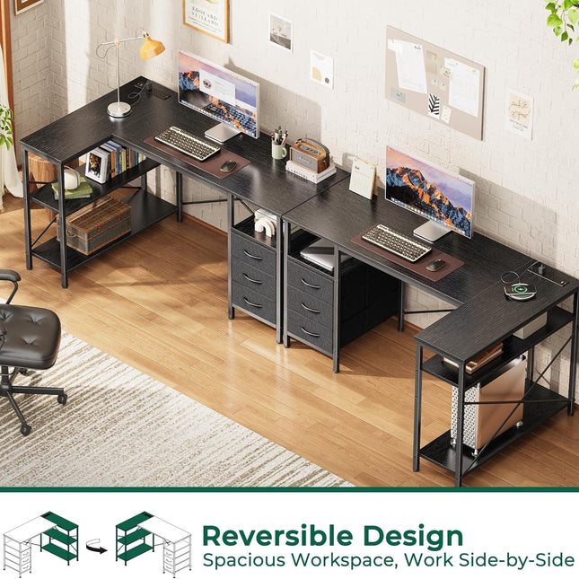 L Shaped Desk with Power Outlets, Computer Desk with 3 Drawers, 47 Inch Office Desk with Shelves, Gaming Desk, Corner Desk Work Desk for Home Office, Study, Black-3