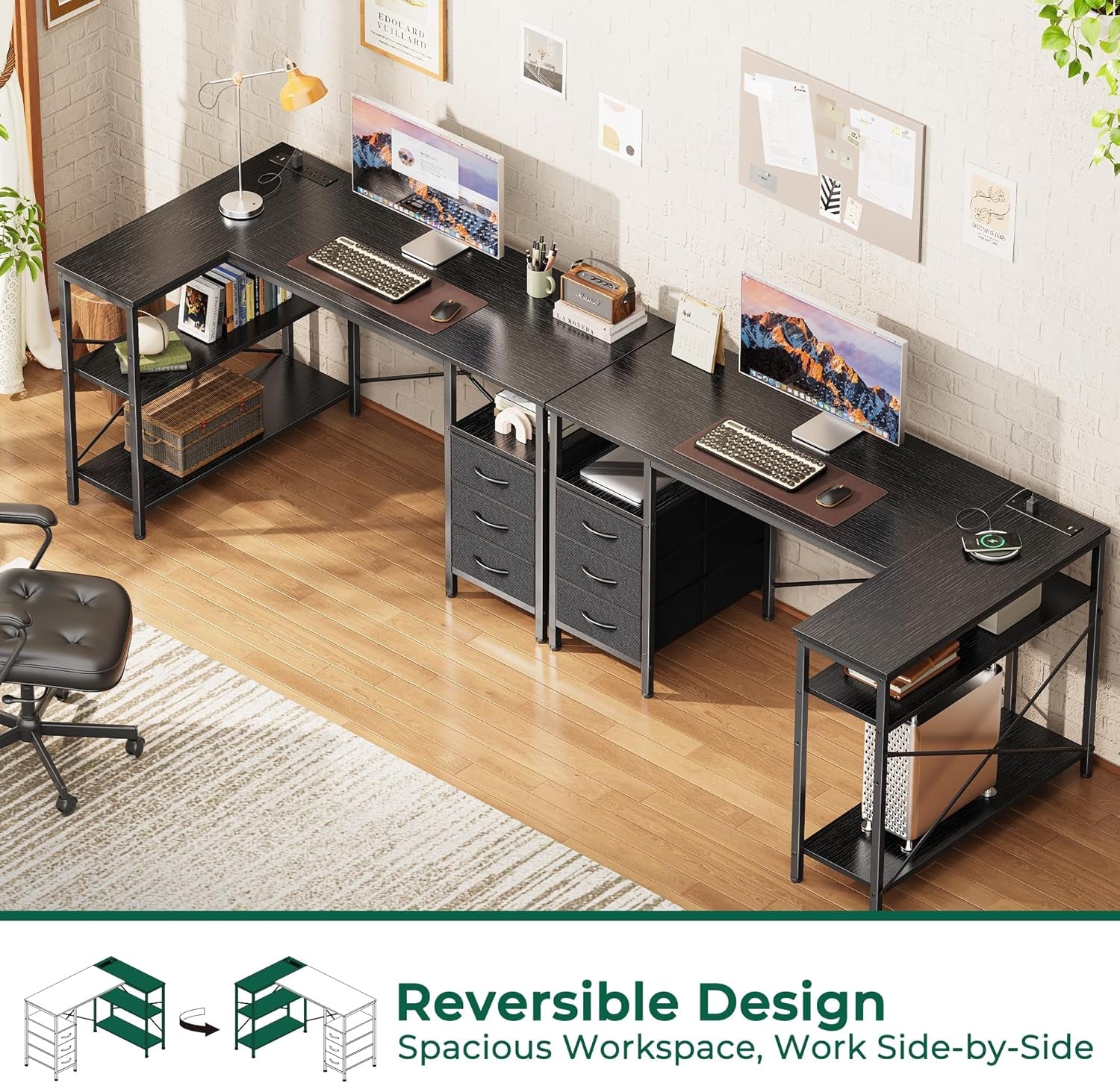 L Shaped Desk with Power Outlets, Computer Desk with 3 Drawers, 47 Inch Office Desk with Shelves, Gaming Desk, Corner Desk Work Desk for Home Office, Study, Black-3