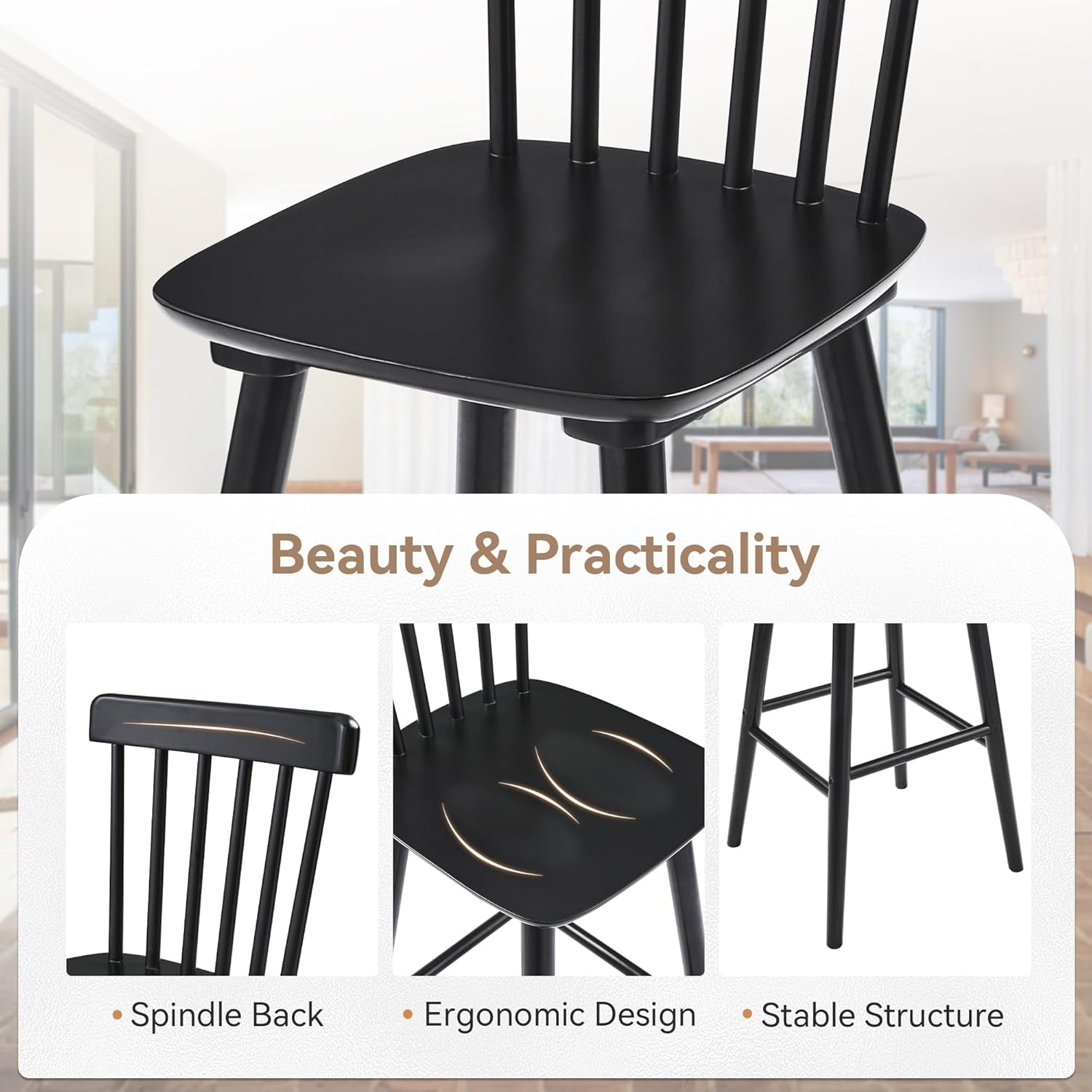 Black chair with spindle back design in a room setting, featuring text on beauty and practicality.