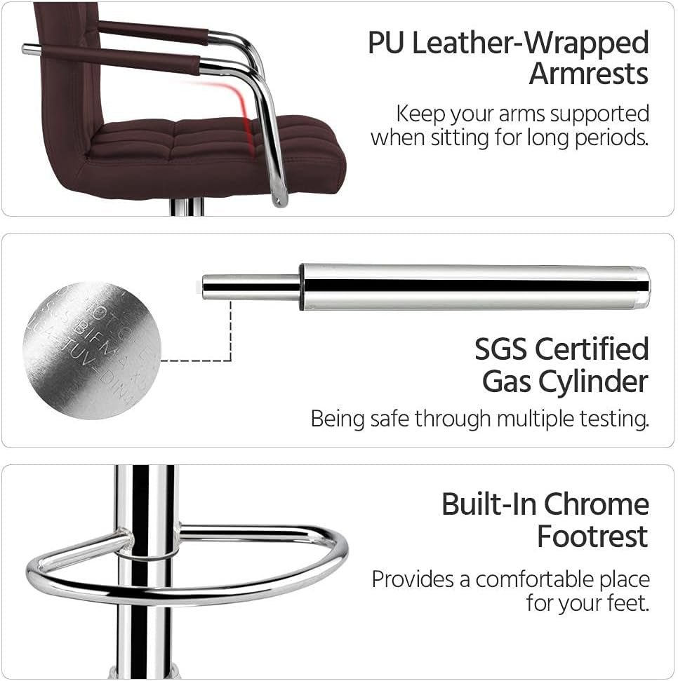 Stool with PU leather-wrapped armrests, SGS certified gas cylinder, and built-in chrome footrest.