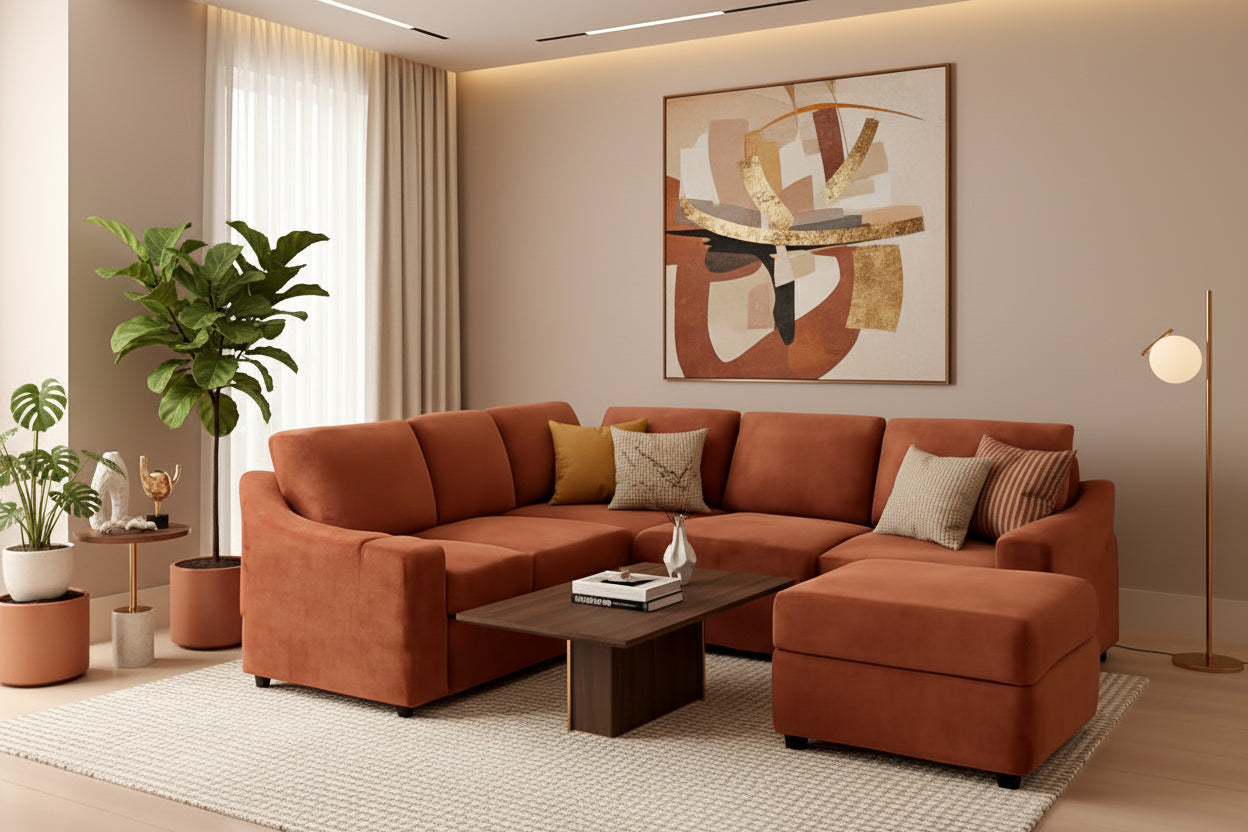 Brown sectional sofa in a living room with beige walls and a rug.