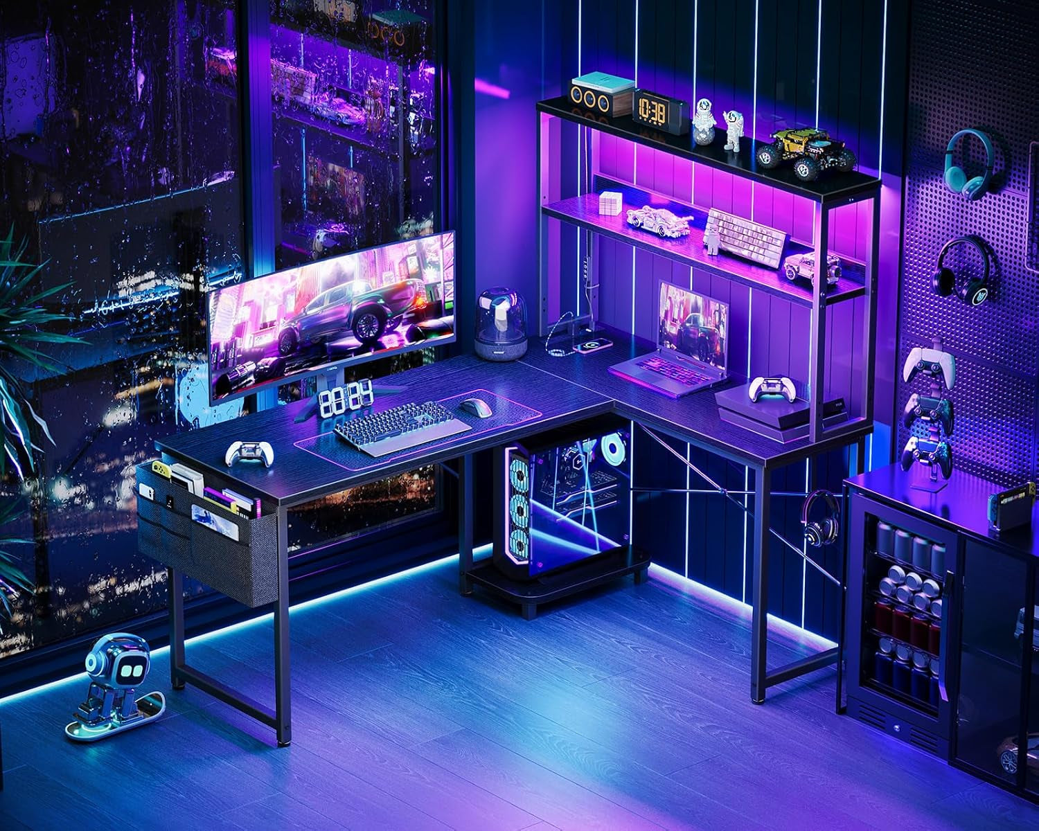L Shaped Desk Gaming Desk with LED Light & Power Outlet-1