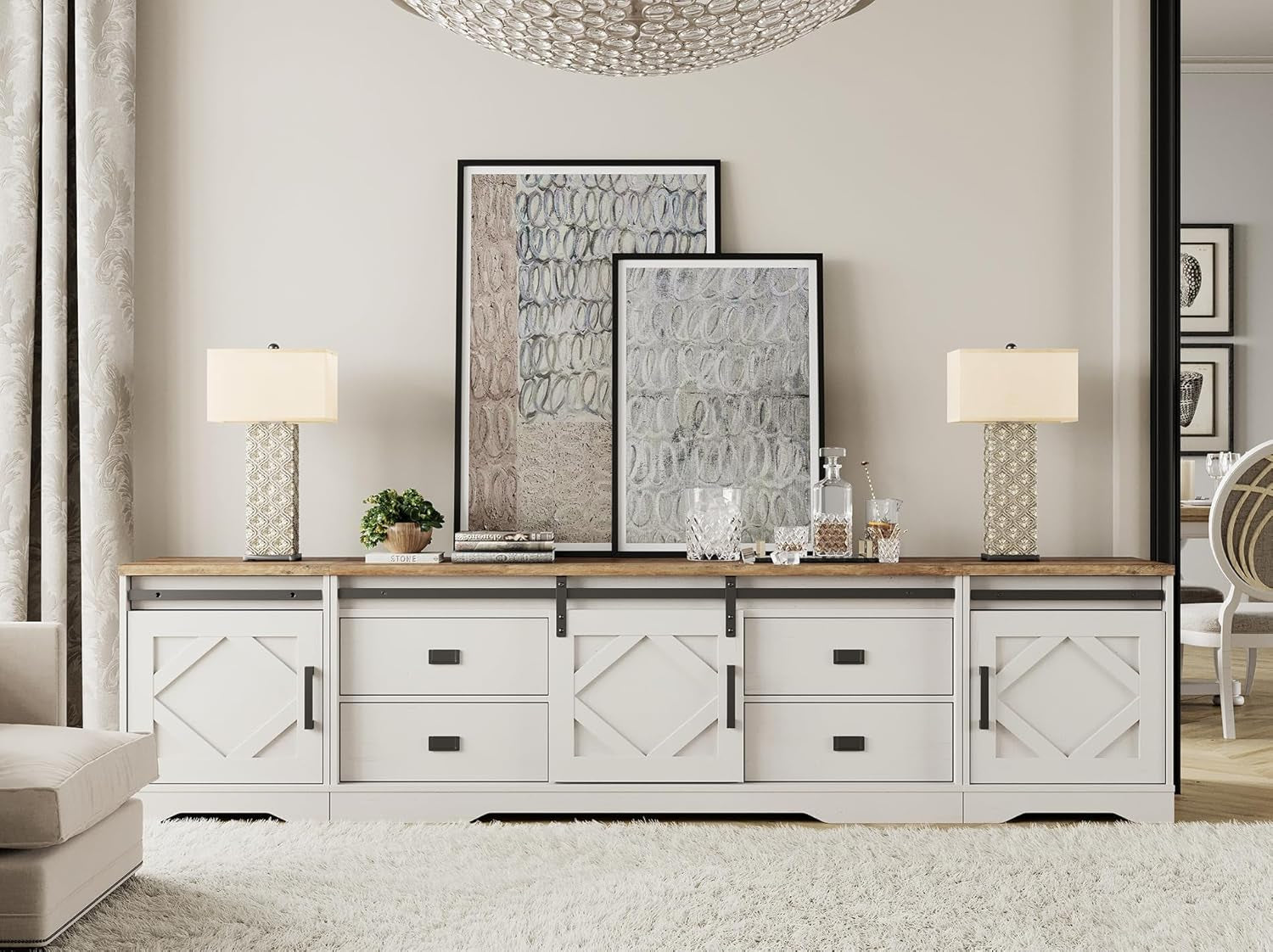 98.4 Inch Wide TV Stand Antique White For Living Room