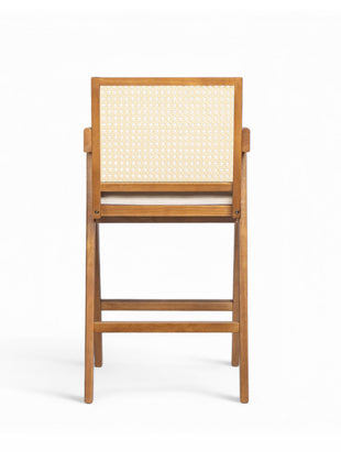 27' Height, Cream Woven Cane Plastic Backrest Bar Stool - Foam-Padded Fabric Seat & Durable Rubberwood Frame-4