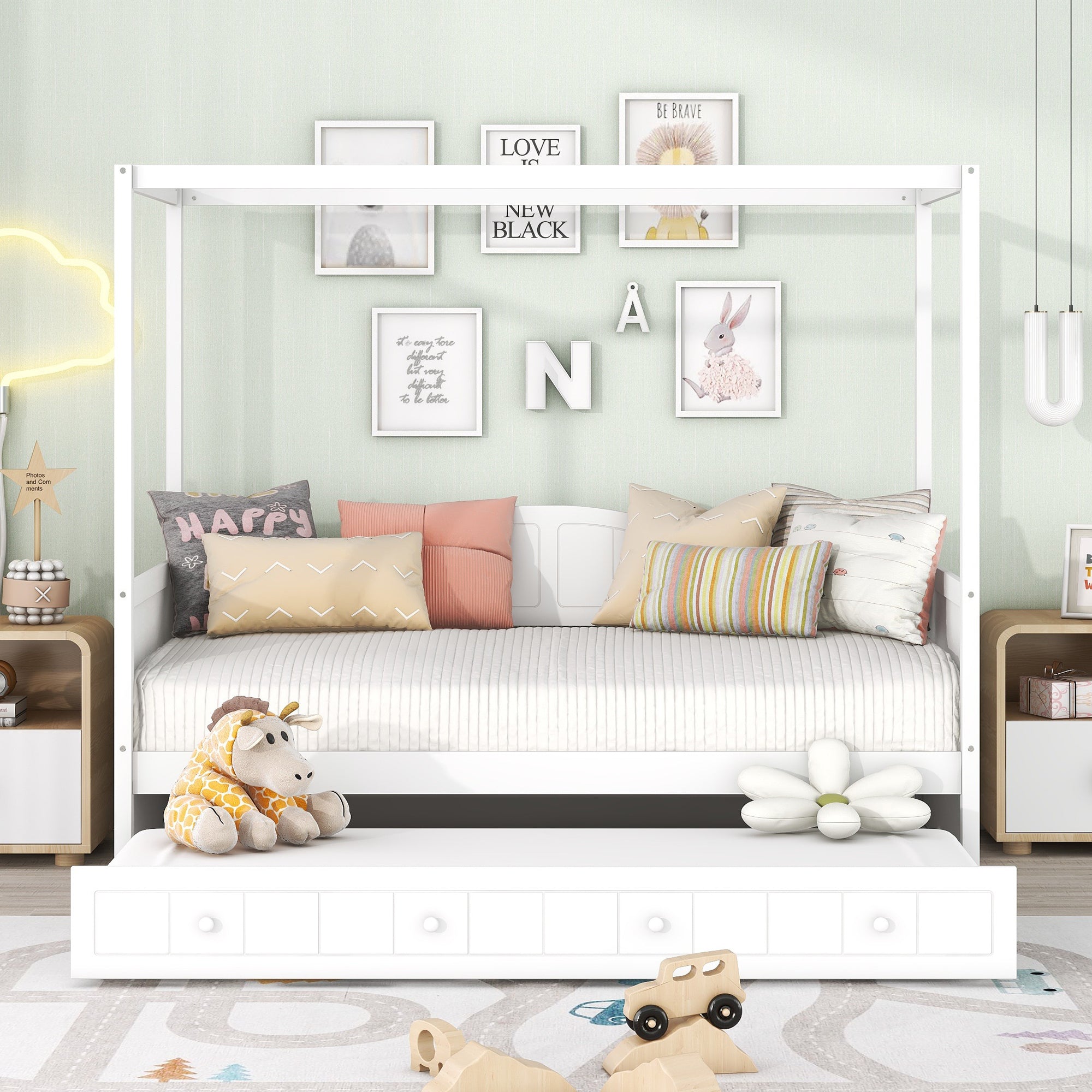 Twin Size Canopy Day Bed with Twin Size Trundle and Underbed Storage