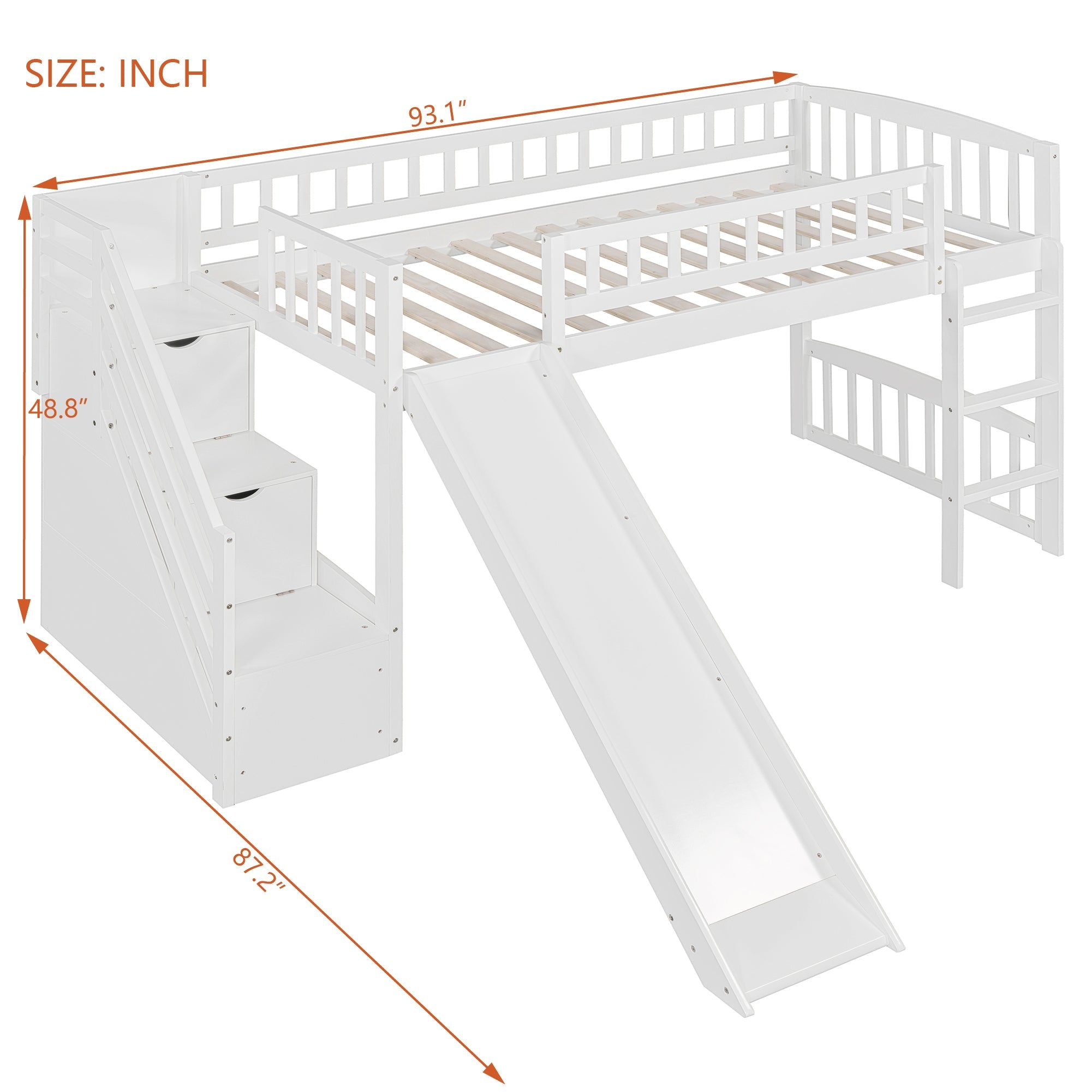 Stairway Twin Size Loft Bed with Two Drawers and Slide