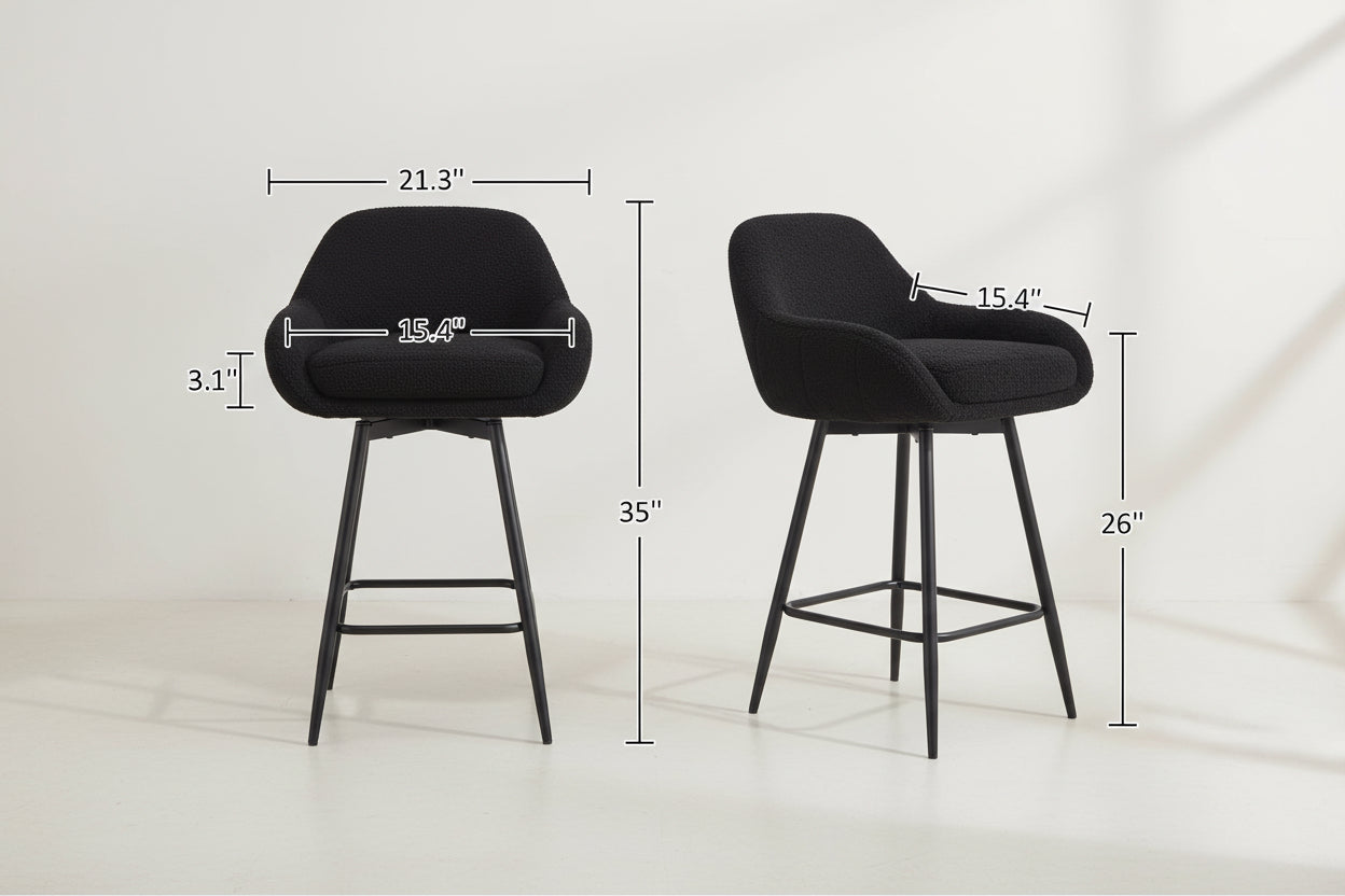 Black bar stool with dimensions and weight capacity details on a white background