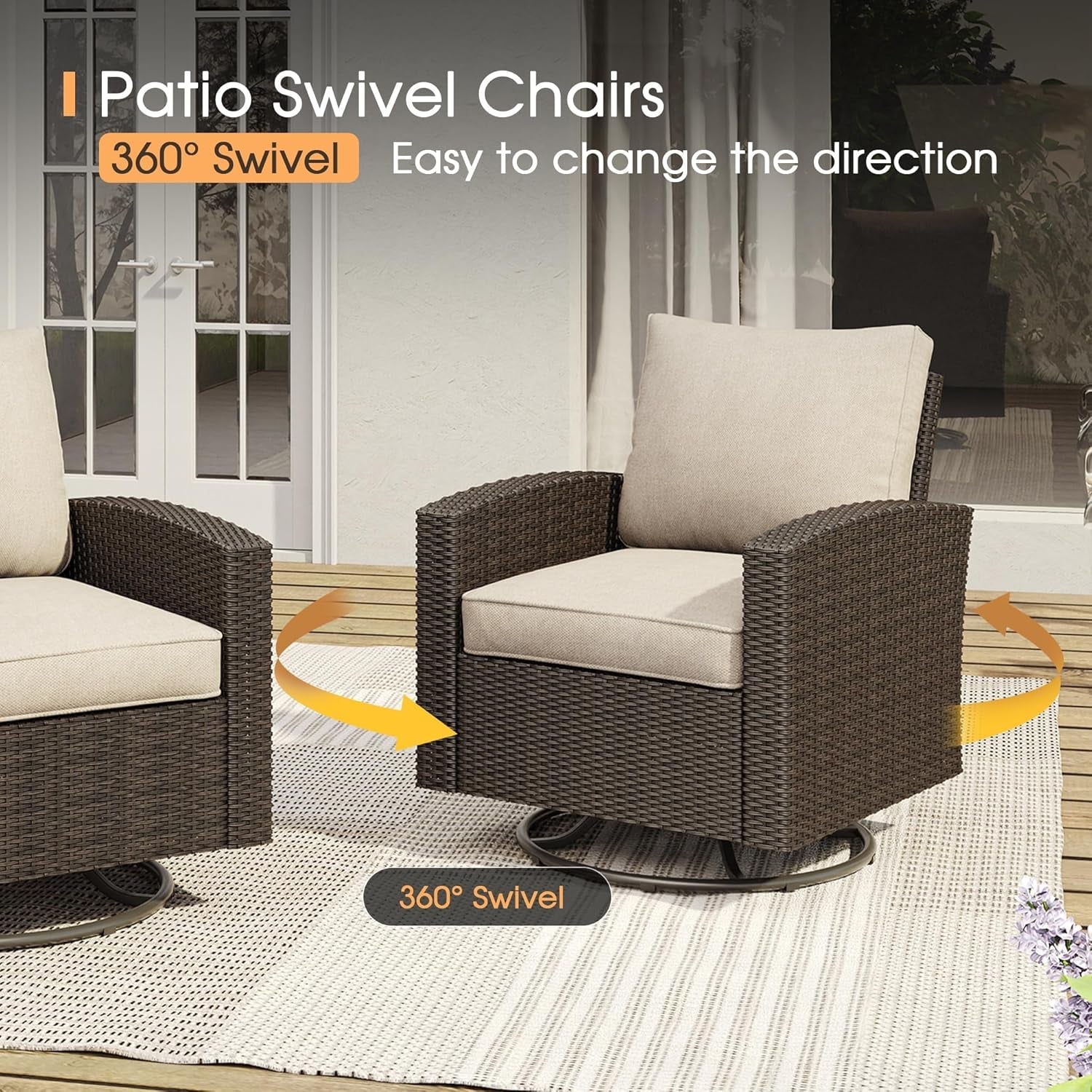 Patio swivel chairs with 360-degree swivel feature on a patio setting.