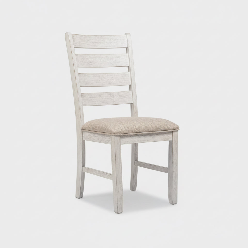 White cushioned chair with text describing its design and use.
