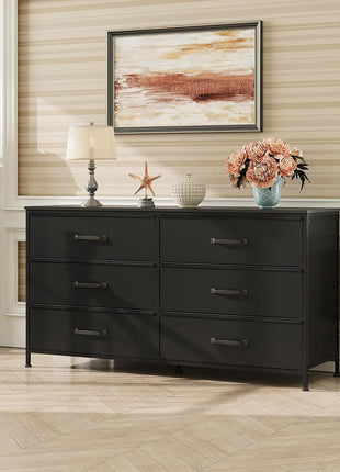Wide Fabric Dresser, 6 Drawer Dresser TV Stand for 60" TV, Dressers Bedroom Furniture Large Storage Tower Unit with Fabric Bins, Black Dresser for Bedroom, Closet, Hallway, Black-3