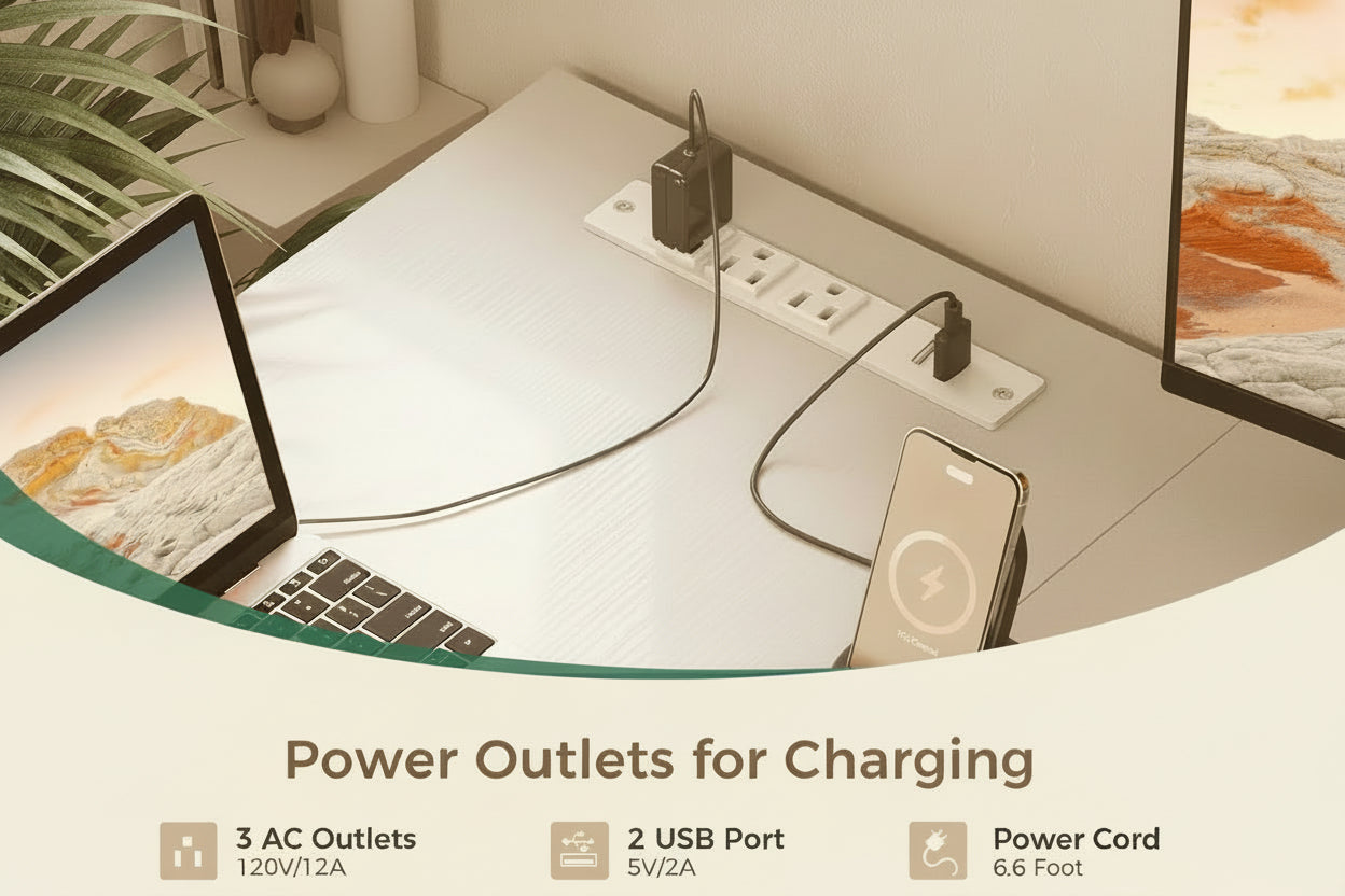 Power outlets with multiple devices charging on a desk, featuring Moodk brand.