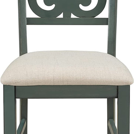 Green chair with decorative backrest and beige cushion on a white background