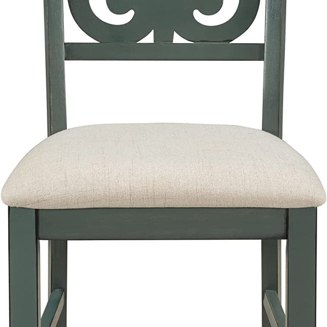 Green chair with decorative backrest and beige cushion on a white background